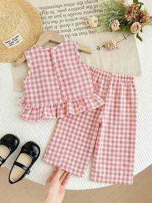SHEIN LMoss Kids Bộ 2 món cho bé gái: áo cổ tròn kẻ sọc dệt kim và quần ống rộng thoải mái. - Nhiều màu - Xem 6