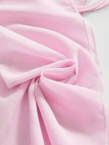 ROMWE Kawaii Blusa de mujer con parches de gasa y satén, manga asimétrica, cinturón, elegante y casual para vacaciones - Rosa - Ver 4
