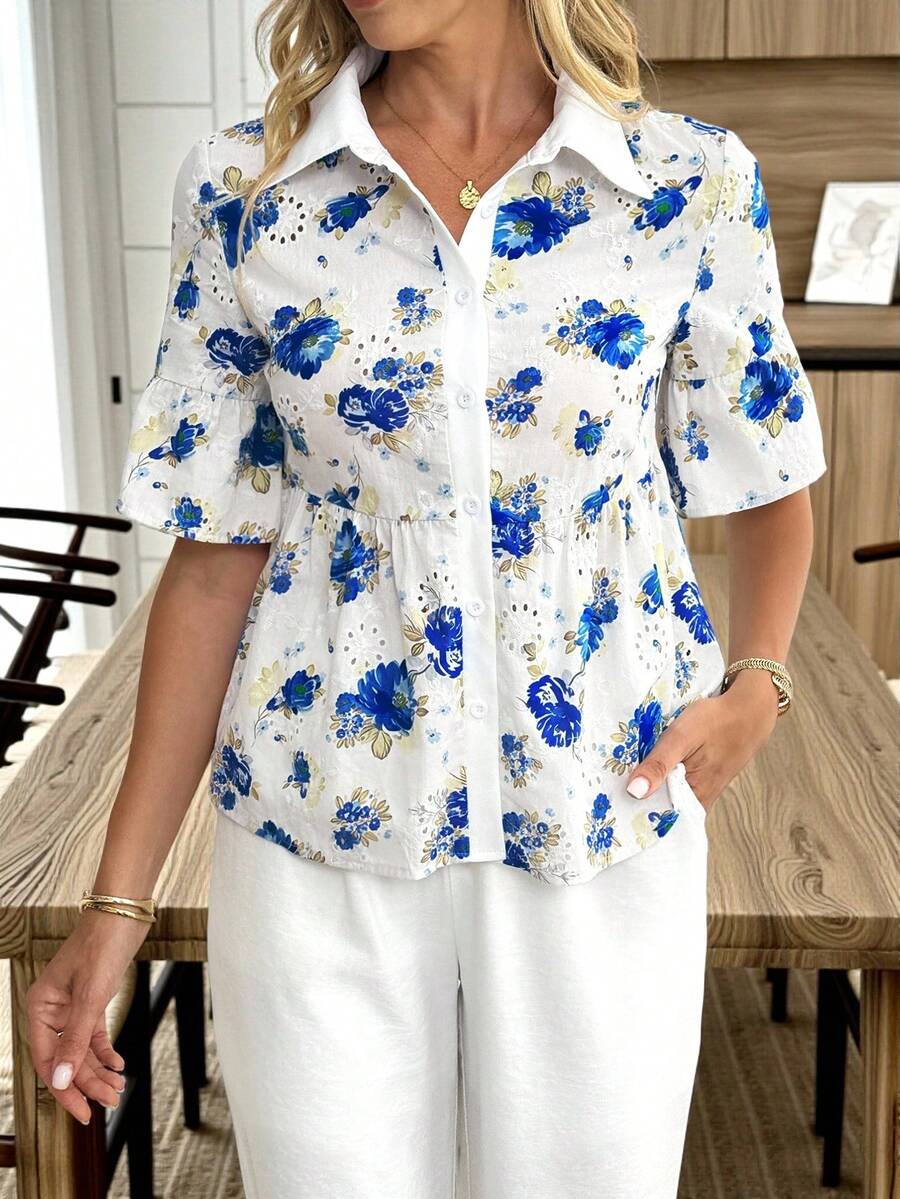 Louniche 优雅女士印花休闲衬衫，适合派对、家庭聚会、时尚通勤和休闲场合，舒适清爽。 - 彩色 - 查看 1