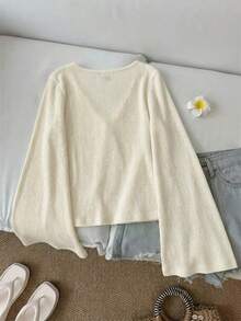 SHEIN LUNE 34%棉条纹针织休闲系带喇叭袖上衣，适合外出、街头风、机场、时尚、通勤、派对、婚礼、度假等场合。 - 彩色 - 查看 2