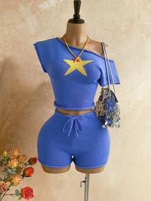 Soleia 春夏新品返校休闲度假西部海滩婚礼宾客礼服毕业早午餐女装，圣帕特里克节春假复活节音乐节优雅波西米亚热带风情，蓝色针织两件套 - 藍色 - 查看 1