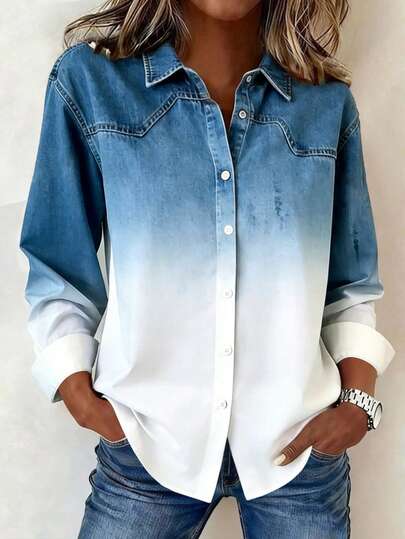 EMERY ROSE Hot New Style, American Retro Gradient Denim Women's Shirt, Suitable For Daily Casual Wear On The Street And To School, Eye-Catching Spring And Autumn Style With Personalized