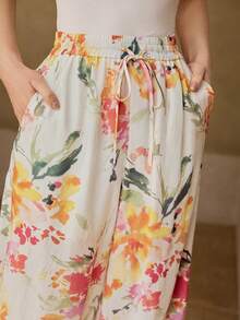 MOTF PREMIUM WOMEN'S LINEN PRINTED PANTS, AUTUMN TEA PARTY WHITE FLORAL ELEGANT - Light Yellow - View 3