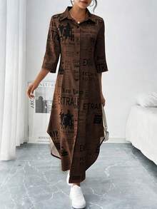 EMERY ROSE Women's Summer Slogan Print 3/4 Sleeve Casual Dress Maxi Women Outfit - Brown - View 4
