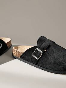 Solecia 女士休闲百搭毛绒圆头平底拖鞋，圣诞节必备 - 黑色 - 查看 5