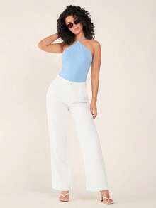 SHEIN BASICS 女士纯色吊带休闲百搭连体衣，适合日常穿着 - 藍色 - 查看 4