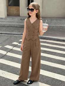 SHEIN 少女卡其色休闲优雅通勤街头时尚纯色斜襟纽扣无袖背心上衣和直筒裤套装，返校季，日常穿着 - 棕色 - 查看 4