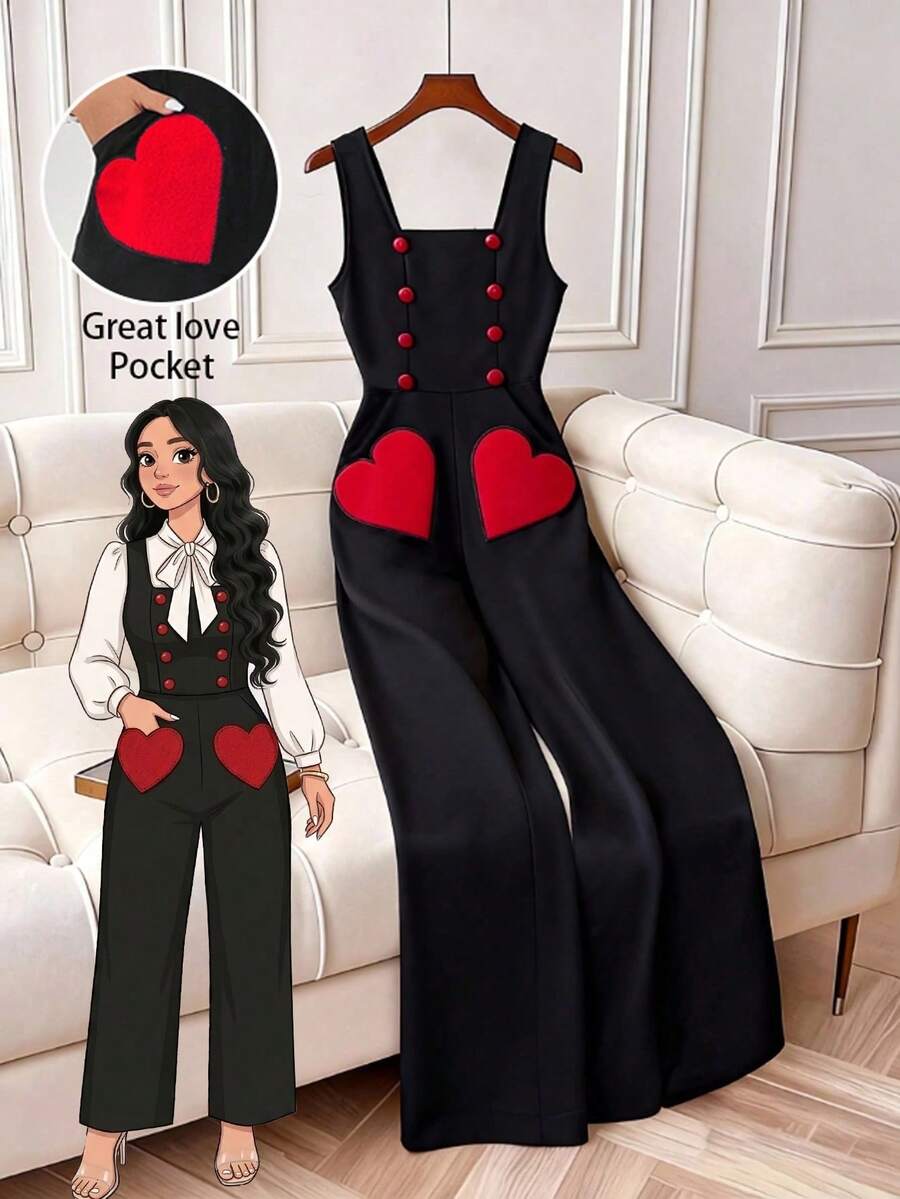 GlowEve CURVE Bộ jumpsuit không tay cổ vuông dành cho nữ cỡ lớn, chất liệu vải nhung kẻ, có túi, họa tiết trái tim, cúc hình nấm phối màu tương phản, thanh lịch và lãng mạn cho buổi hẹn hò mùa thu/đông. - màu đen - Xem 1