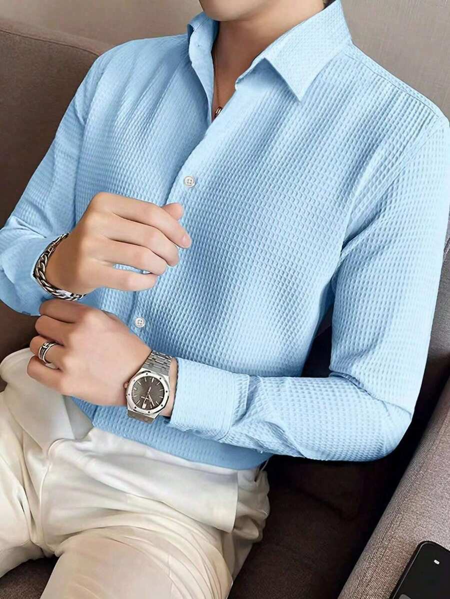 Calvornis 男士春夏素色日常通勤休閒襯衫 - 中等水洗藍 - 查看 1