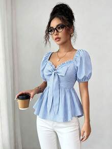 Elenzga Áo sơ mi ngắn tay kẻ sọc thắt nơ dành cho nữ - Xanh và trắng - Xem 2