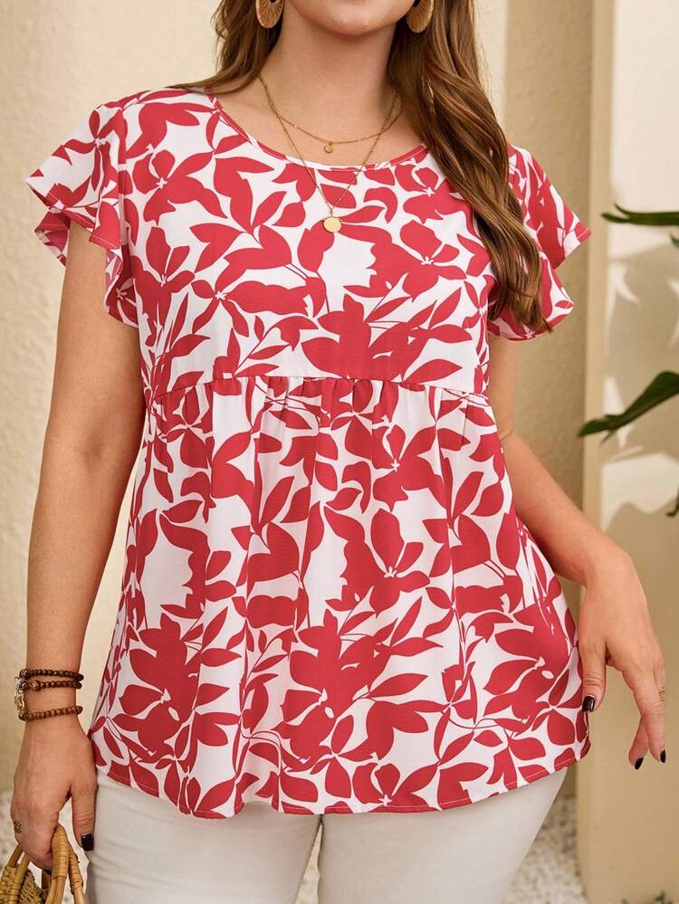 Plus Size Chic Plus Size Blouse Red Leaf Pattern Short Sleeve Flowy Top For Women Fashionable And Comfortable Everyday Wear Summer Outfit For Plus Size Women Festival Outfits For Plus Size Women Beach Outfits For Plus Size Women Vacation Outfits Plus Size  Women Country Concert Outfit  Boho Outfit