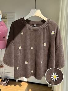 Comfortcana Plus Size Short Sleeve 100% Cotton T-Shirt, Washed Snow Flake Pattern, Spring Embroidered Cropped T-Shirt, Brown - Brown - View 8