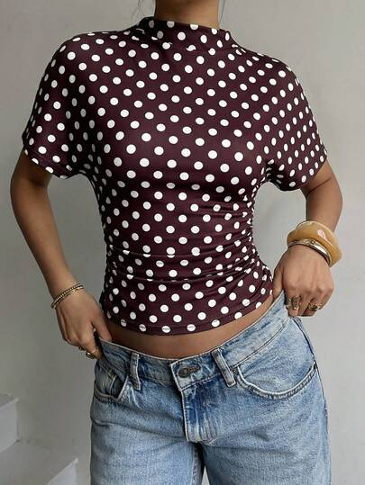 Siren Gaze Chic Polka Dot Top, Elegant Brown Summer Mock Neck Top, Business Casual Work Outfits For Women, Slim Fit Short Sleeve Tee, Office Wear Fashion Dot Print Top