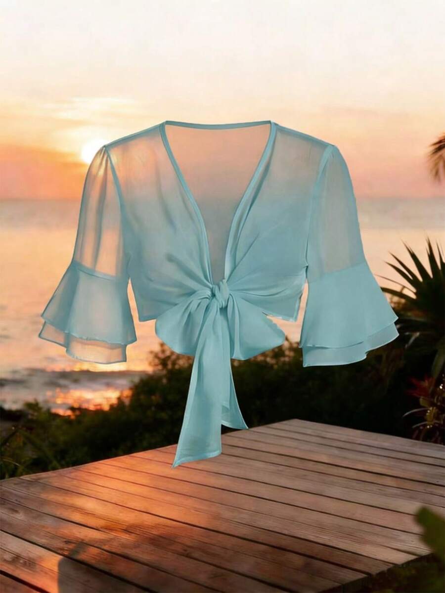 GlowEve Solid Color Flare Sleeve Tie Front Cropped Shirt - Baby Blue - View 1