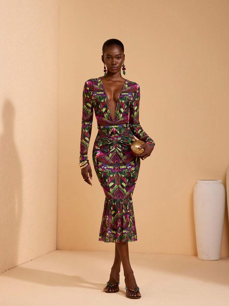 JIAN LASALA Vestido midi de mujer elegante con cuello en V, mangas largas y estampado completo de malla - Multicolor - Ver 1