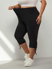 SHEIN CURVE+ Plus Size Women's Casual Black Cropped Leggings, Comfortable Stretchy Everyday Pants, Minimalist Style, Work Pants, Women's Bottoms, Outdoor Wear - Black - View 5