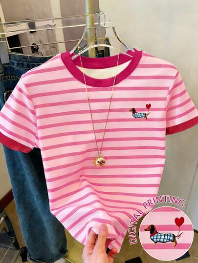 Resyla Women's Summer Casual Loose Striped T-Shirt / Dachshund Print