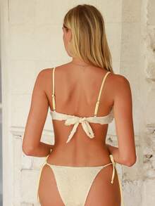 Swim Mod 女士休闲度假沙滩派对优雅可爱纯色花卉提花面料夏季吊带比基尼沙滩套装两件套，波西米亚风格 - 黃色 - 查看 2