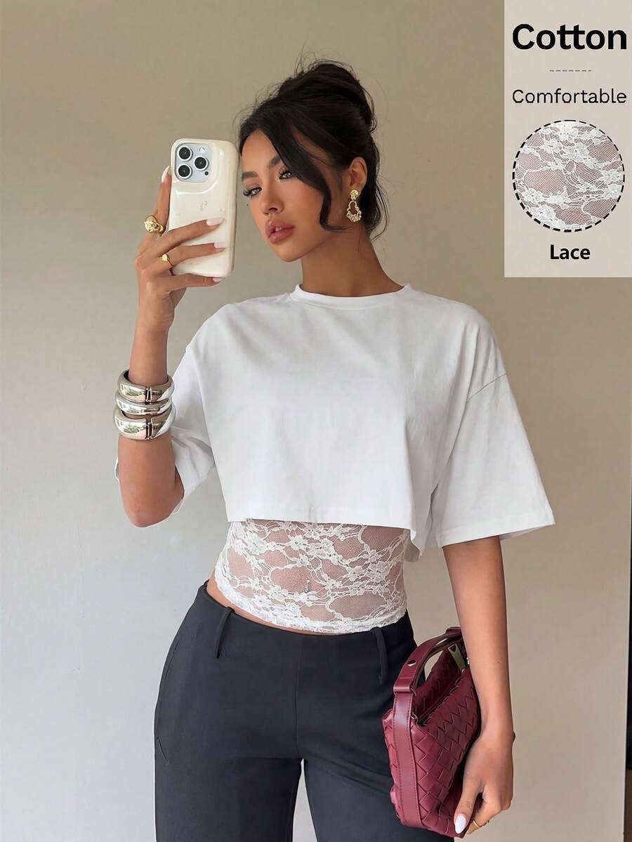 Siren Gaze 2-In-1 Design Women Lace Patchwork Short Sleeve T-Shirt, Y2K Style Summer Casual Top,Summer Top - White - View 1