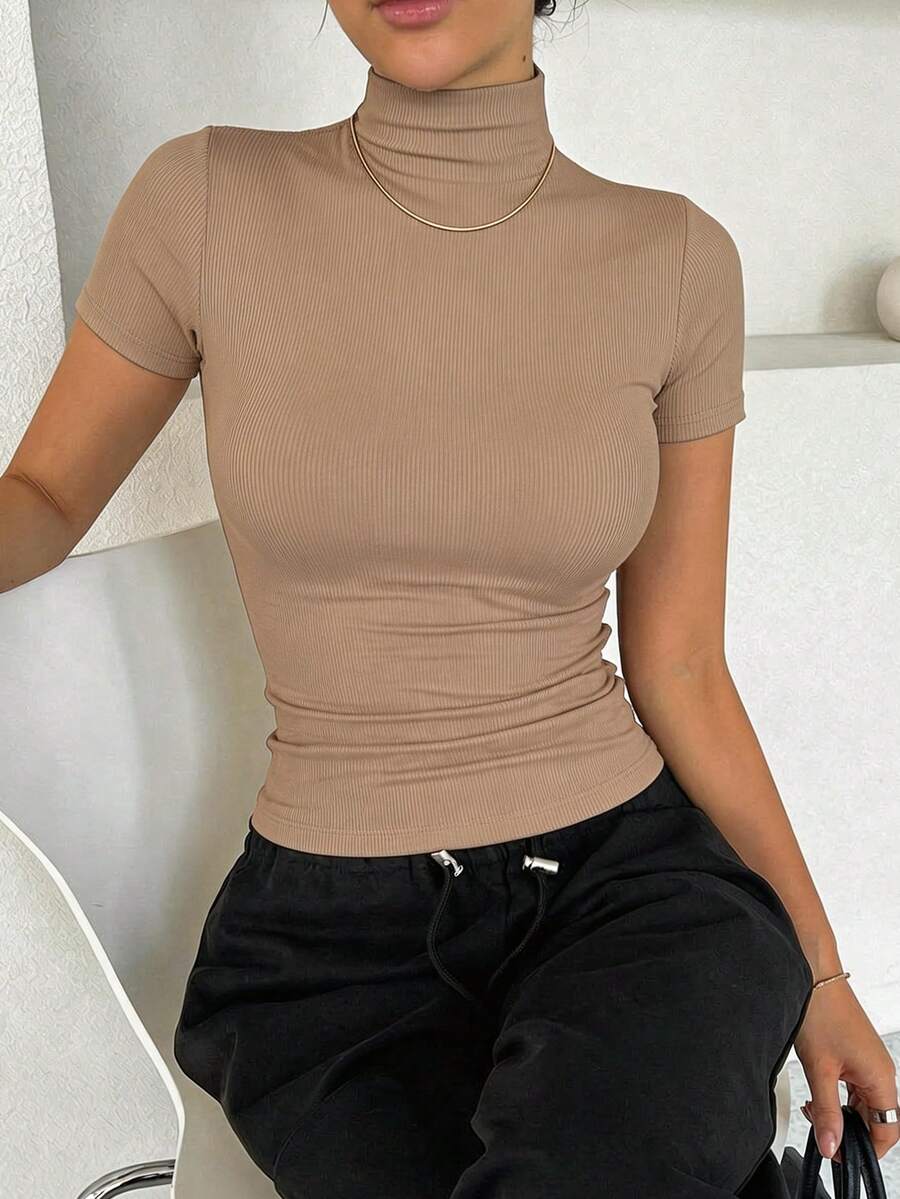 DAZY Women's Solid Color Short Sleeve Turtleneck Fitted Undershirt - Khaki - View 1
