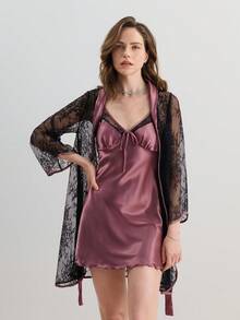 SilkySpell Lace Belted Robe & Cami Pajama Night Dress - Multicolor - View 1