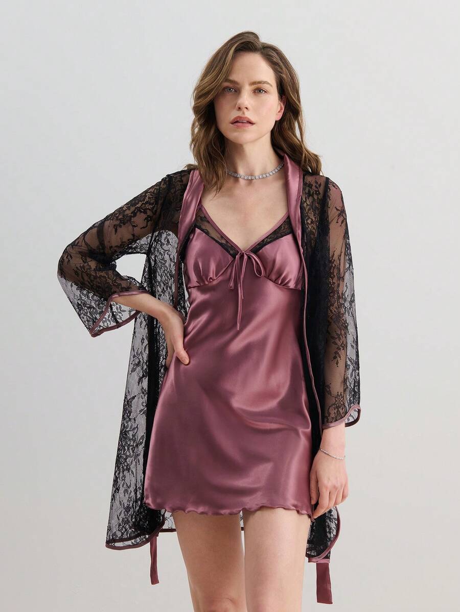 SilkySpell Lace Belted Robe & Cami Pajama Night Dress - Multicolor - View 1