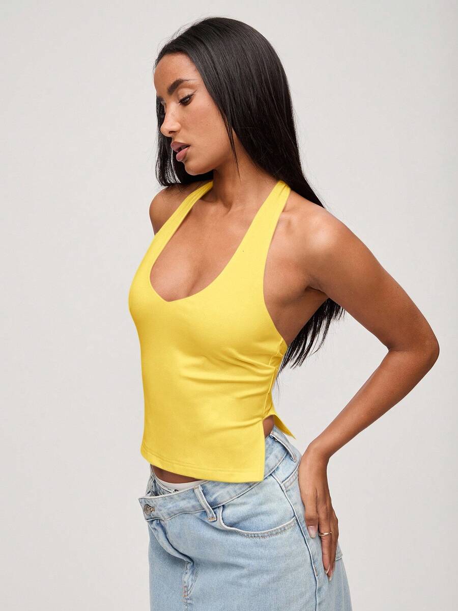 SHEIN BASICS 女士休闲纯色针织露背上衣