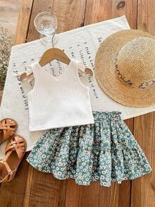 SHEIN LMoss Kids Young Girl Young Girl Knit Solid Color Camisole + Printed Chiffon Mini Skirt 2 Pieces Set - Green - View 3