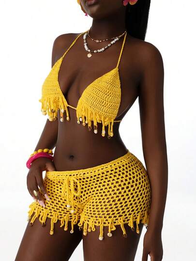 Amplova 女士纯色露背无袖流苏装饰镂空针织毛衣两件套