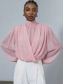 Aveloria Modichic Chocolate Brown Mock Neck Sheer Blouse, Lightweight Chiffon Fabric, Wrap Front Design, Oversized Puff Sleeves, Versatile Wear, Suitable For Commute, Date, Party, Urban Semi-Formal Outfits - Pink - View 4