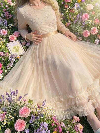 Girls' Luxury Abaya Jalabiya Dress, Apricot Color Beaded Mesh Long Sleeve Robe, Elegant Shiny Design Suitable For Parties, Ceremonies, Photo Shoots, Spring/Autumn