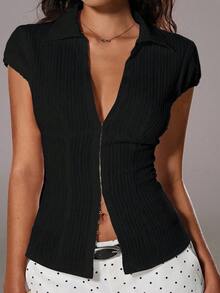 TRNVIE 夏季白色纹理领修身显瘦胸纽扣性感OL棉质条纹短袖衬衫，女士高级上衣，短袖Polo衫，女士Polo衫，女士衬衫，女士正装短袖上衣，女士上衣，优雅商务休闲女士上衣，深V领上衣，女士衬衫，新款正装 - 黑色 - 查看 8