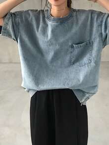 FRIFUL 女式圆领落肩袖侧拉链设计牛仔衬衫 - 藍色 - 查看 5