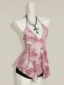 SHEIN ICON 佩斯利印花露背吊带上衣，休闲度假装 - 藕粉色 - 查看 7