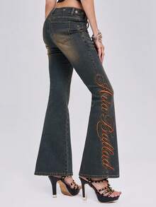 ROMWE Y2K Baddie Music Festival Outfit Low Rise Distressed Skinny Jeans With Slogan Embroidery And Studs - Black - View 7
