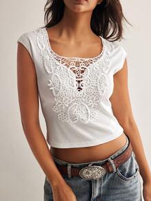 Easelle Women's Summer Casual Vacation White Scoop Neck Lace Patchwork Fitted T-Shirt Country Concert Graduation Tops For Women Cute T Shirt - White - View 3