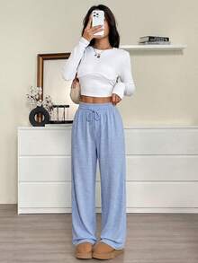 SHEIN EZwear 女士休闲抽绳腰宽松运动裤，适合运动、商务休闲、毕业季、返校、毕业典礼、教师装等场合。 - 藍色 - 查看 4