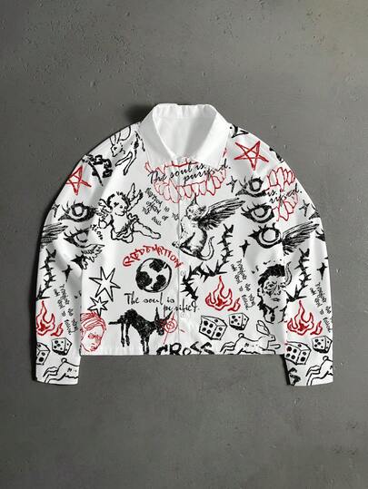 Manfinity ZONE917 Camisa de manga corta con estampado gráfico de estrella de ángel con espinas negras y rojas, estilo gótico, holgada y cuadrada, apropiada para el verano, regalo para el novio