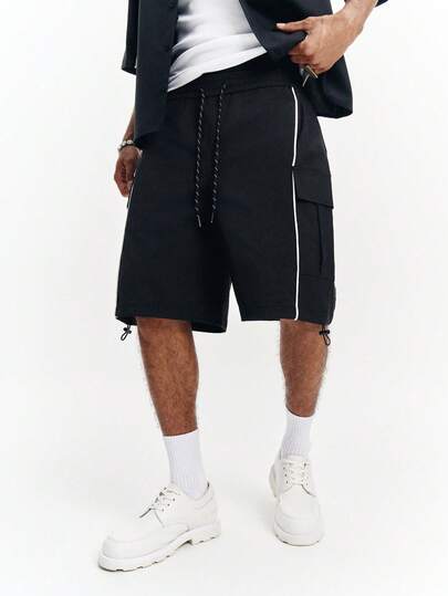 PAVTROS Men's Black Loose Wide Leg Cargo Shorts, Fashionable Casual Bermuda Shorts