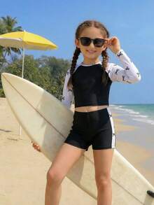 SHEIN Bộ đồ bơi cho bé gái tuổi teen, gồm áo tay raglan in hình cây nhiệt đới và quần short. - Đen và trắng - Xem 3