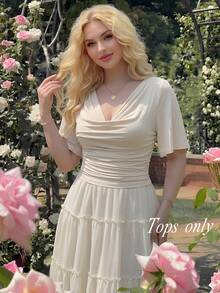 SHEIN MOD Áo thun cổ tròn màu mơ cỡ lớn, thanh lịch cho công sở, tay loe, chất liệu co giãn, xếp ly, kiểu vintage cho mặc hàng ngày, áo công sở cho nữ, áo kiểu thường ngày cho nữ, áo kiểu thanh lịch cho nữ, áo màu kem, áo màu ngà, áo xếp ly cho nữ, áo xếp nếp, áo màu kem, áo màu sâm panh, áo dễ thương cho nữ, áo màu kem cho nữ, trang phục mùa hè cho nữ, xếp ly, áo kiểu thanh lịch mùa xuân và hè Fleurora, váy xếp ly kiểu Pháp cho nữ, váy kiểu Pháp thanh lịch mùa xuân và hè, váy xếp bèo. - Màu be - Xem 2