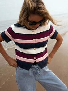 Serisse Women's Round Neck Front Button Striped Thin Cardigan - Multicolor - View 8