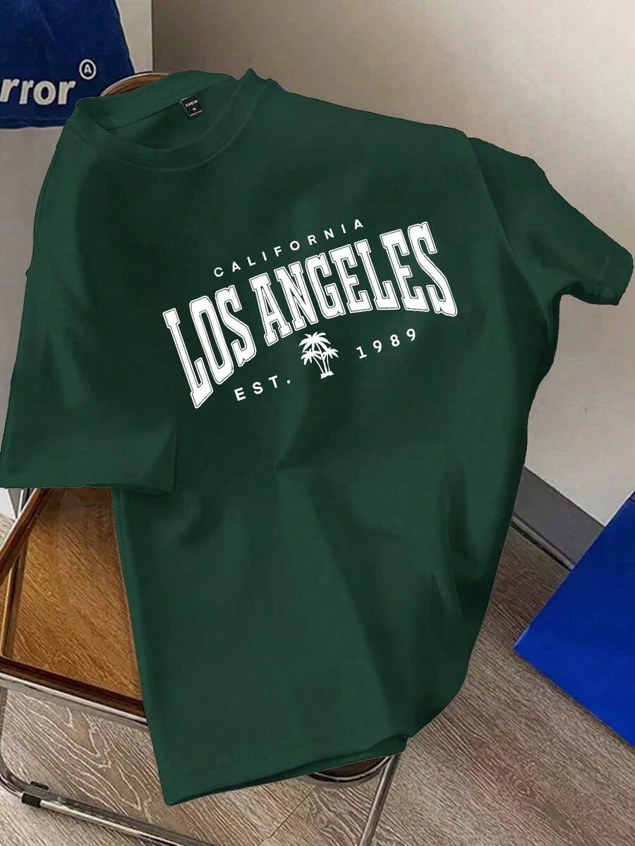 Kaos Lengan Pendek Minimalis Kasual dengan Motif Huruf Kartun, Cocok untuk Remaja di Musim Panas, Kaos Sekolah Remaja, Atasan Resmi - Dark Green - View 1