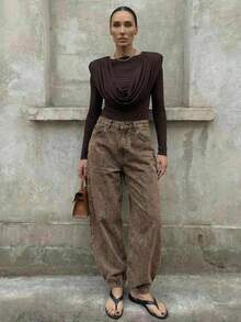 Anewsta 春秋季新款情人节派对百搭哈伦休闲时尚女裤，高腰宽松可调节腰围牛仔裤/慢跑裤 - 卡其色 - 查看 7