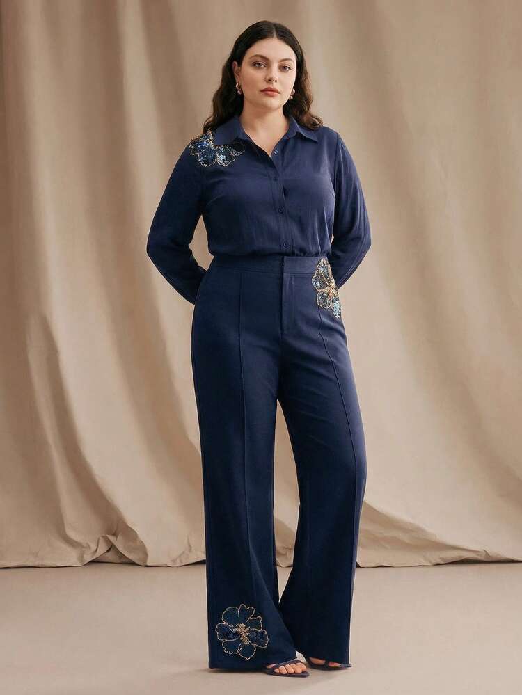 Anewsta Women's Spring/Summer Navy Blue Elegant Plus Size 2-Piece Set, Long Sleeve Collared Cardigan Shirt + Flared Suit Pants, Embroidered Sequin Floral Decor On Shirt And Pants, Suitable For Luxury Gatherings, Business Events, Weddings And More