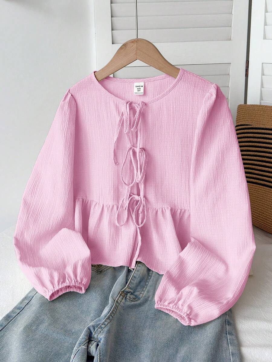 SHEIN 少女休闲简约舒适圆领长袖蝴蝶结纹理面料衬衫,返校季 - 粉色 - 查看 1