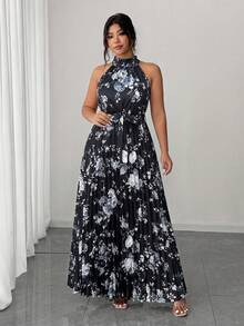 Elenzga Plus Size Women's Elegant Romantic Floral Print Halter Neck Pleated Flowy Waist Maxi Dress - Black - View 1