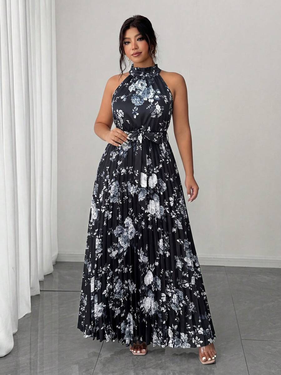Elenzga Plus Size Women's Elegant Romantic Floral Print Halter Neck Pleated Flowy Waist Maxi Dress - Black - View 1