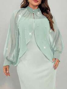 Elenzga Plus Size Women Elegant Chiffon Pearl Decor Long Sleeve Blouse - Green - View 2