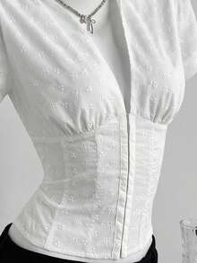 Elamini Women's Shirt, Embroidered Fabric, Fitted Waist, Deep V-Neck, White Women's Shirts For Summer Women's Work Tops Women's Work Clothes For The Office Working Blouse Work Outfits Women - White - View 5